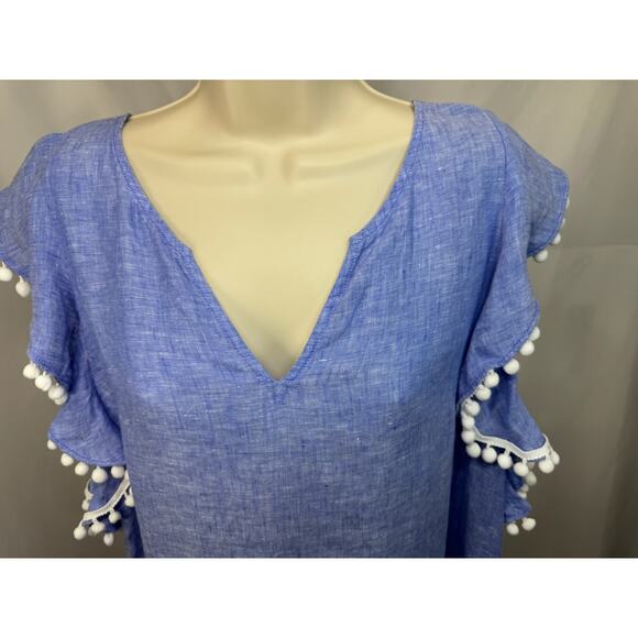 Lilly Pulitzer Astara Linen Pom Pom Top - Beckon Blue - Size M - Picture 2 of 15